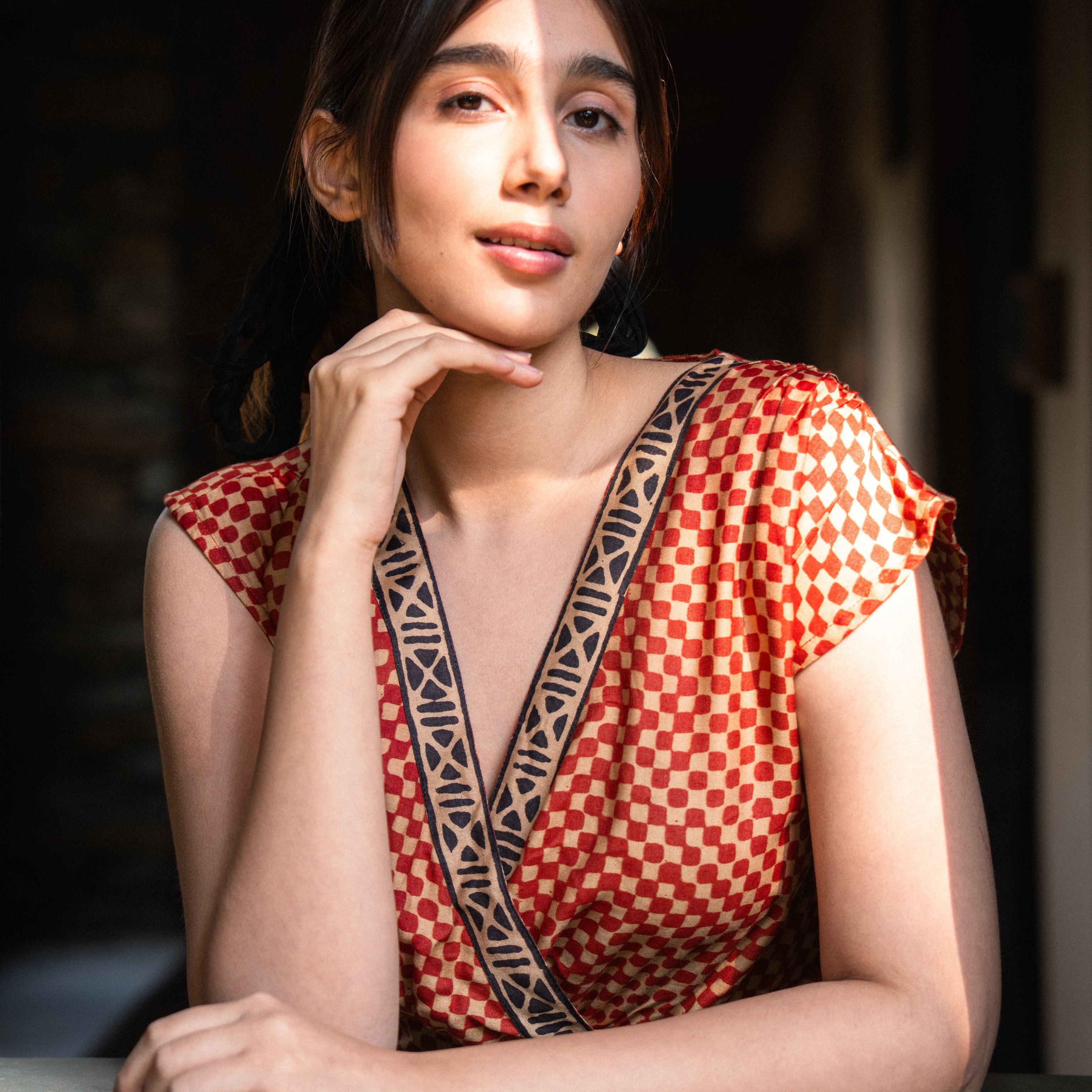 Madder Checkered Grid Top